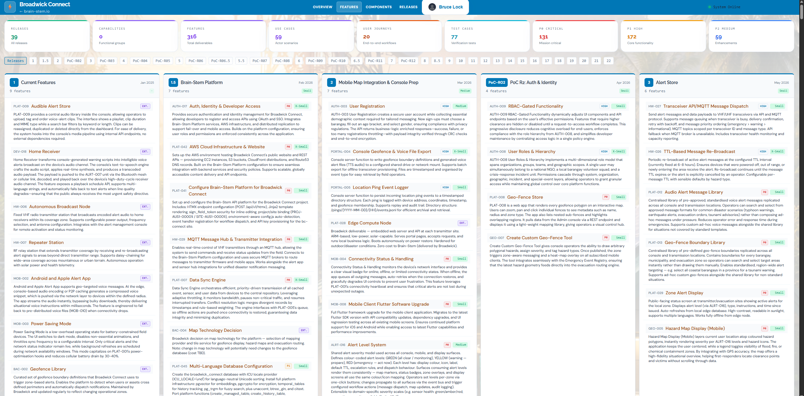 Broadwick Connect feature-to-release map — fully costed feature board showing capabilities mapped across releases with detailed estimates
